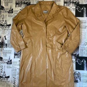 Rave Brown caramel tan y2k vintage faux leather pleather trench coat jacket midi